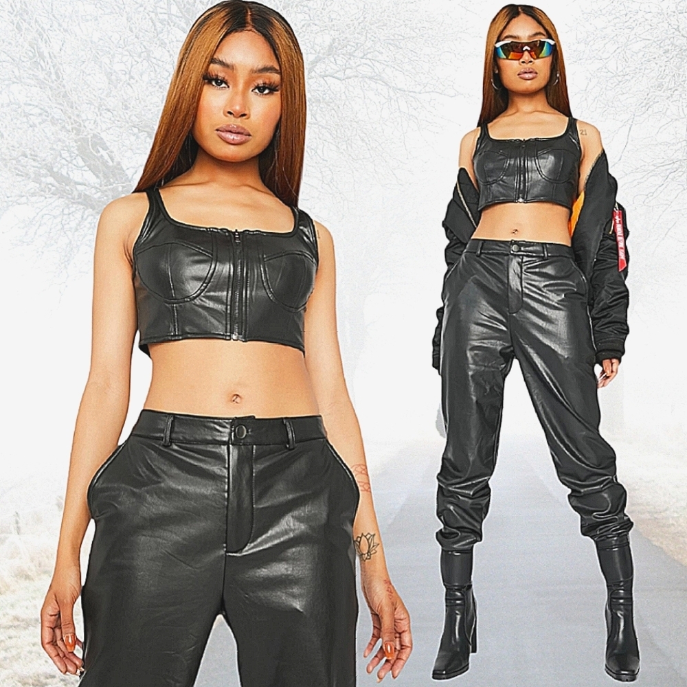 VEGAN LEATHER CROP TOP PANTS SET